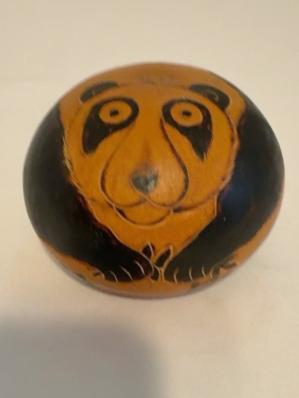 Vintage Painted Gourd Panda Rattle Holding Bamboo Folk Art 4" Black Orange